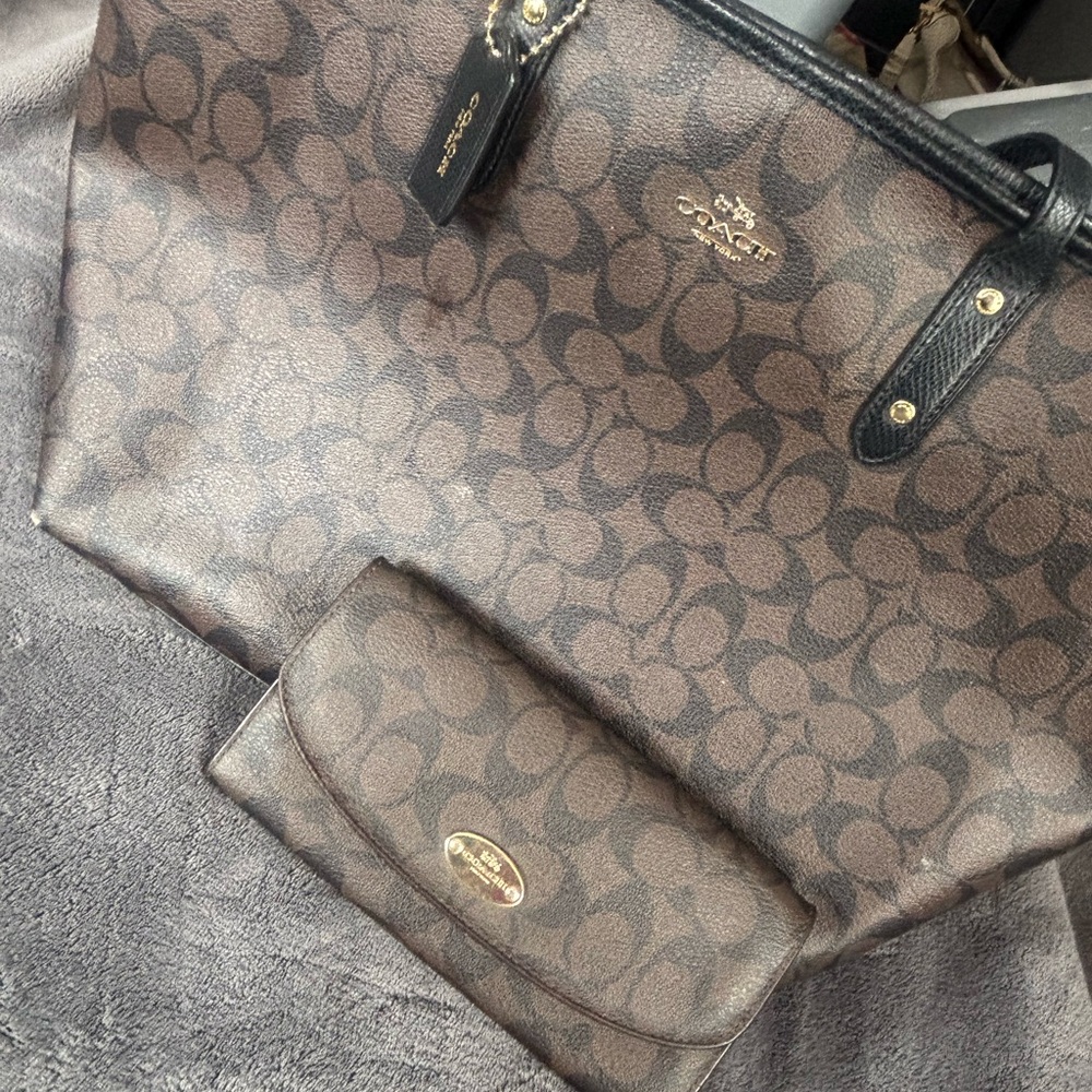 Coach Brown and Black Signature Tote with Wallet